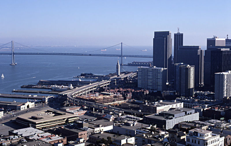 After physically separating the urban core from the waterfront, San Francisco’s double-decker Embarcadero Freeway was famously removed after being damaged in a 1989 earthquake. Image via Wikipedia